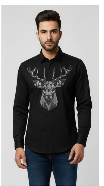 KENTO CLUB Luxury Black Cotton Satin Shirt | Tailored Fit Men's Shirt w/ Geometric Stag Head Patchwork