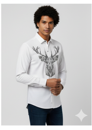 KENTO CLUB Luxury White Cotton Satin Shirt | Tailored Fit Men's Shirt w/ Geometric Stag Head Patchwork